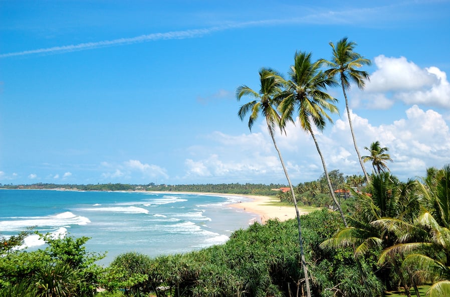 Beach, palms and turquoise water of Indian Ocean, Sri Lanka